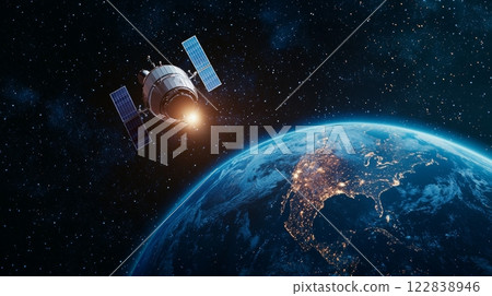 A spacecraft orbits Earth, showcasing a vibrant planet illuminated by city lights against a vast, starry space background. A spacecraft orbits Earth, showcasing a vibrant planet illuminated by city lights against a vast, starry space background. 122838946