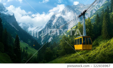 A serene landscape featuring a yellow gondola gliding through lush green valleys and majestic mountains under a clear blue sky. 122838967