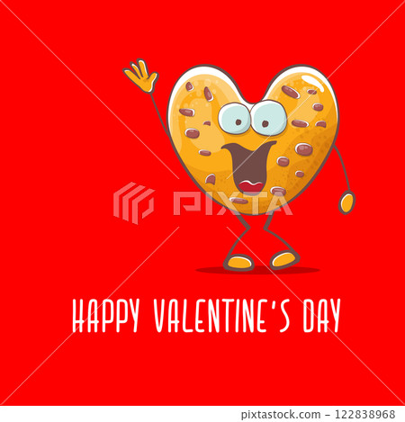 vector funny hand drawn valentines day greeting card with homemade chocolate chip heart shape cookie character isolated on red background. Happy Valentines day cartoon red banner or poster. 122838968