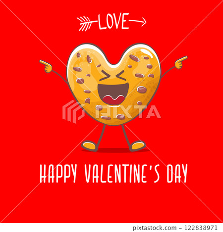 vector funny hand drawn valentines day greeting card with homemade chocolate chip heart shape cookie character isolated on red background. Happy Valentines day cartoon red banner or poster. 122838971