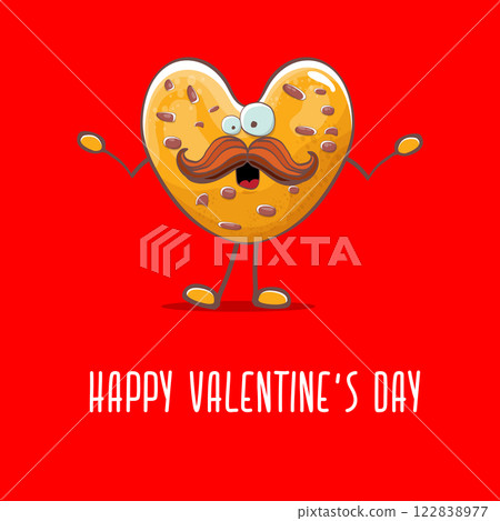 vector funny hand drawn valentines day greeting card with homemade chocolate chip heart shape cookie character isolated on red background. Happy Valentines day cartoon red banner or poster. vector funny hand drawn valentines day greeting card with homemade chocolate chip heart shape cookie character isolated on red background. Happy Valentines day cartoon red banner or poster. 122838977