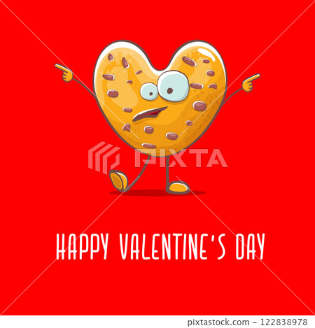 vector funny hand drawn valentines day greeting card with homemade chocolate chip heart shape cookie character isolated on red background. Happy Valentines day cartoon red banner or poster. 122838978