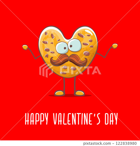 vector funny hand drawn valentines day greeting card with homemade chocolate chip heart shape cookie character isolated on red background. Happy Valentines day cartoon red banner or poster. 122838980