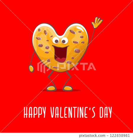 vector funny hand drawn valentines day greeting card with homemade chocolate chip heart shape cookie character isolated on red background. Happy Valentines day cartoon red banner or poster. 122838981