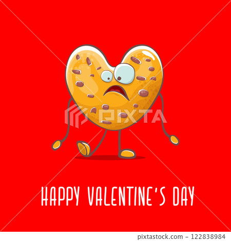vector funny hand drawn valentines day greeting card with homemade chocolate chip heart shape cookie character isolated on red background. Happy Valentines day cartoon red banner or poster. 122838984