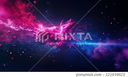 A vibrant cosmic scene with swirling pink and blue nebulae against a dark background, resembling a spectacular galaxy bursting with energy. A vibrant cosmic scene with swirling pink and blue nebulae against a dark background, resembling a spectacular galaxy bursting with energy. 122839023
