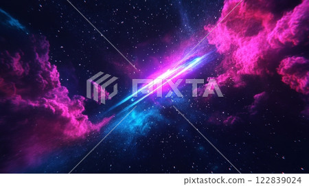 A vibrant cosmic scene showcasing colorful nebulae and stars in a dark universe, blending shades of pink and blue. 122839024