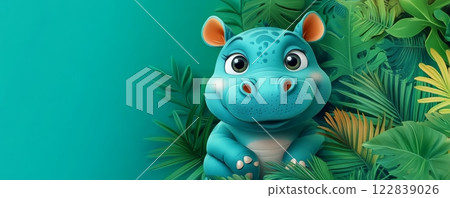 A cute cartoon hippo sits amidst tropical plants, featuring vibrant colors and a cheerful expression, perfect for children's imagery. A cute cartoon hippo sits amidst tropical plants, featuring vibrant colors and a cheerful expression, perfect for children's imagery. 122839026
