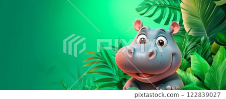A cute cartoon hippo sits amidst tropical plants, featuring vibrant colors and a cheerful expression, perfect for children's imagery. 122839027