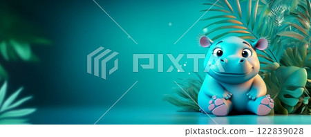 A cute cartoon hippo sits amidst tropical plants, featuring vibrant colors and a cheerful expression, perfect for children's imagery. 122839028