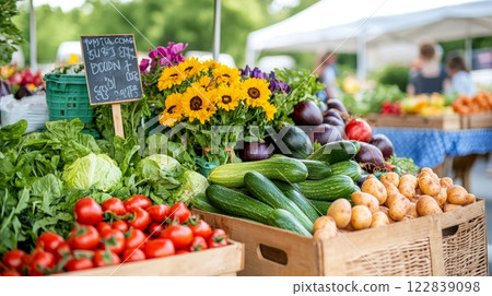 A vibrant farmers' market display featuring fresh vegetables, fruits, and colorful flowers in wooden crates against a sunny backdrop. 122839098