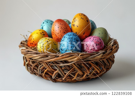 A wicker basket filled with colorful Easter eggs symbolizing the season. 122839108
