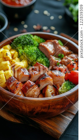Grilled meat platter featuring a variety of meats and vegetables served in a wooden bowl 122839309