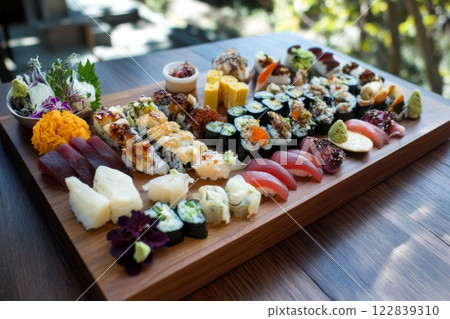Sushi platter featuring a variety of rolls and sashimi at a sunny outdoor location 122839310