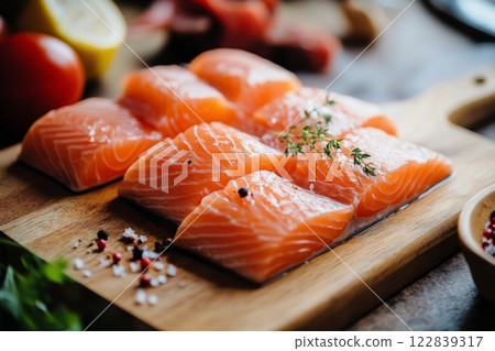 Freshly prepared sushi assortment displayed on a wooden platter in a bustling sushi restaurant 122839317