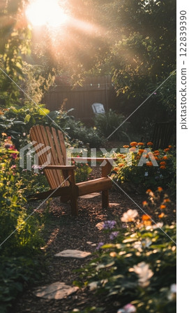 Cozy wooden chair surrounded by vibrant flowers in a serene garden at sunset 122839390