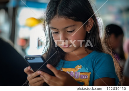 Young child holding smartphone in lush green indoor environment during daytime 122839430