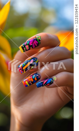 Brightly painted nails featuring various geometric and butterfly patterns stand out in an outdoor atmosphere 122839454