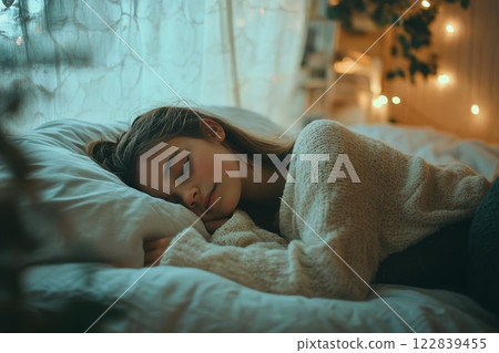 Young girl peacefully sleeping in a cozy wooden cabin with floral bedding Young girl peacefully sleeping in a cozy wooden cabin with floral bedding 122839455