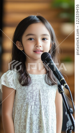 Young girl singing on stage at an event in a bright indoor space 122839456