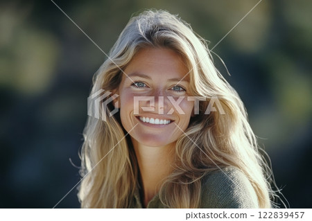 Bright smile of a woman with long hair outdoors in natural light capturing a moment of joy 122839457