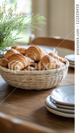 Freshly baked croissants in a basket at a cozy cafe during morning hours 122839459