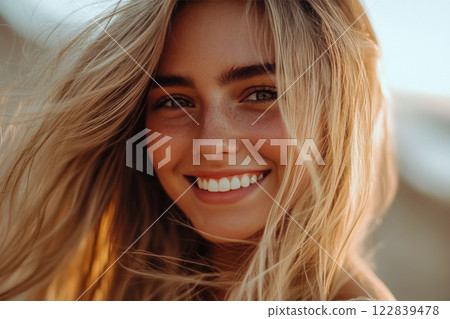 Bright smile of a woman with long hair outdoors in natural light capturing a moment of joy 122839478