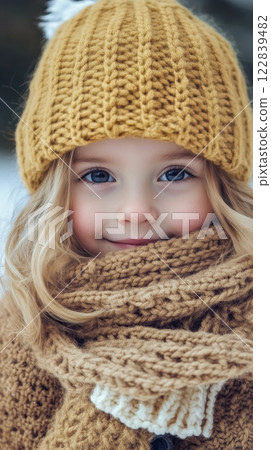 Young girl with warm hat and scarf enjoying a cozy winter indoors during the festive season 122839482
