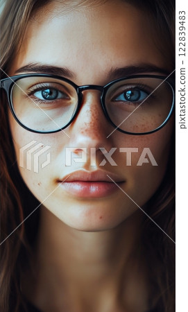 Young woman with blue eyes and glasses gazes thoughtfully in dimly lit setting 122839483