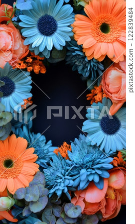 Colorful floral wreath featuring blue and orange flowers displayed in a shop 122839484
