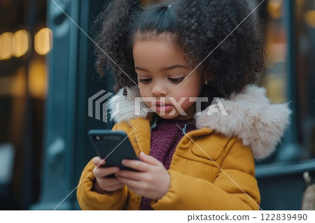 Young child holding smartphone in lush green indoor environment during daytime 122839490