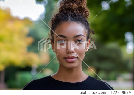 Striking portrait of a young woman with natural curls in an outdoor setting during golden hour Striking portrait of a young woman with natural curls in an outdoor setting during golden hour 122839659
