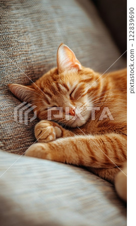 Ginger cat napping peacefully on a couch in a cozy indoor setting during the afternoon light Ginger cat napping peacefully on a couch in a cozy indoor setting during the afternoon light 122839690