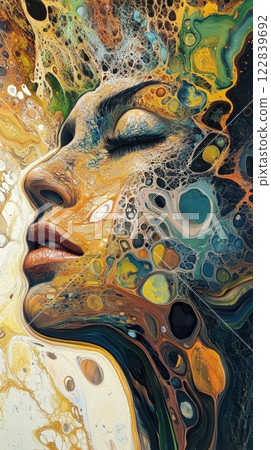 Colorful abstract portrait of a woman with vibrant features and unique design elements Colorful abstract portrait of a woman with vibrant features and unique design elements 122839692