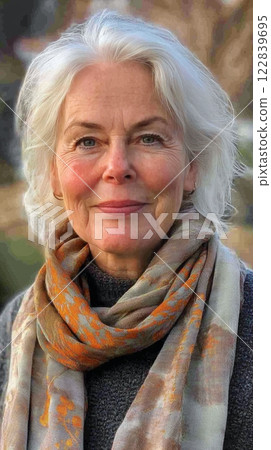 Elderly woman with gray hair in warm scarf proudly posing for a close-up portrait indoors Elderly woman with gray hair in warm scarf proudly posing for a close-up portrait indoors 122839695