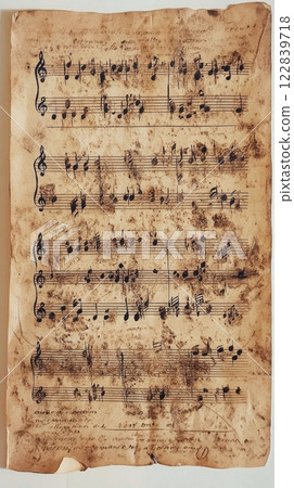 Vintage sheet music with handwritten notes and markings on aged paper 122839718