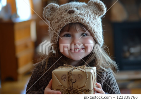 Happy child in bear hat holding a wrapped gift in a cozy room during winter celebration 122839766