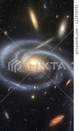 Swirling galaxy with bright core and distant stars in vast space 122839781