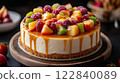Delicious cheesecake with caramel topping and fresh fruits 122840089