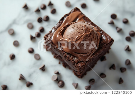 Delicious chocolate brownie with chocolate ice cream and chocolate chips on marble surface 122840100