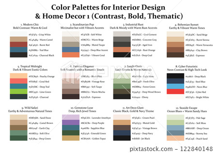 12 Color Palettes Collection 1 for Interior Design and Home Decor, Color Schemes with Hex Codes and Names, Color Swatches and Combinations, Vector Illustration 122840148