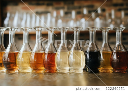 Colorful bottles of various liquids lined up on shelf in a bar or distillery 122840251