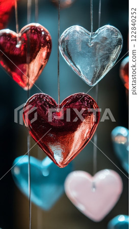 Colorful hearts suspended against a bright blue background create a joyful and romantic atmosphere 122840252