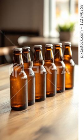 Group of amber bottles arranged on a wooden table in a cozy setting during evening hours 122840258