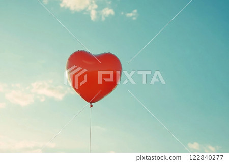 Heart-shaped balloon floating beside a lone tree in a sunny field 122840277
