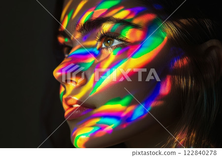 Light patterns cast on a young woman's face create a captivating visual effect 122840278