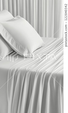 Soft white bedding on a neatly made bed with elegant decor and natural light streaming through the window 122840342