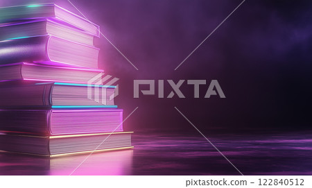 Colorful glowing books stack on purple empty background 122840512