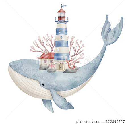 Watercolor illustration of Whale carrying a whimsical Lighthouse on its back, adorned with coral. Drawing of Light House and underwater animal for childish design in fantasy and marine style. 122840527