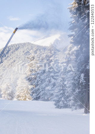 Bansko, Bulgaria, winter ski road and snow cannon Bansko, Bulgaria, winter ski road and snow cannon 122840553
